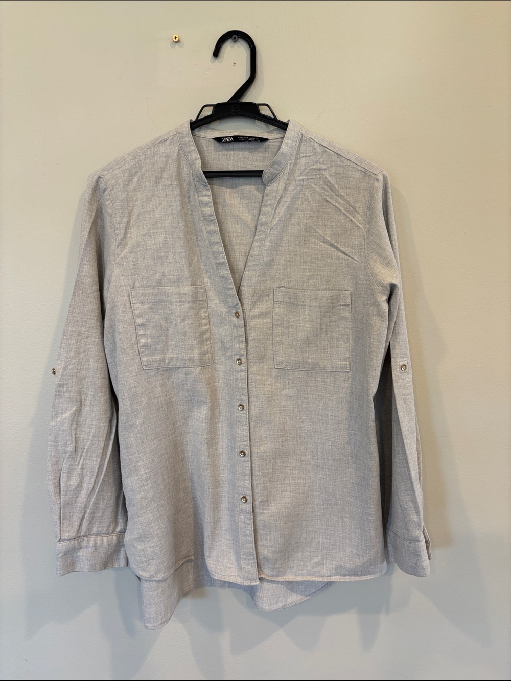 Zara Light Gray Men's Collarless Button-Up Shirt Jacket - Picture 4 of 5